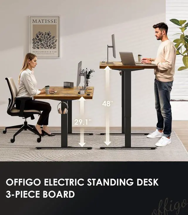 Alt view image 4 of 7 - OffiGo Electric Standing Desk with 3-Piece Board, 71 Inch Height Adjustable Large Desk with Power Outlets, Sit Stand Table, Writing Computer Desk for Home, Office, Workstation, Rustic Brown