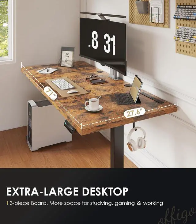 Alt view image 7 of 7 - OffiGo Electric Standing Desk with 3-Piece Board, 71 Inch Height Adjustable Large Desk with Power Outlets, Sit Stand Table, Writing Computer Desk for Home, Office, Workstation, Rustic Brown