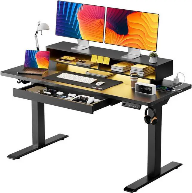 Main image of GTPLAYER Electric Standing Desk with Drawers, 48 x 24 Inch Height Adjustable Gaming Desk with Monitor Stand, Power Outlets & LED Lights, Home Office Sit Stand Up Desk with Memory Preset Controller
