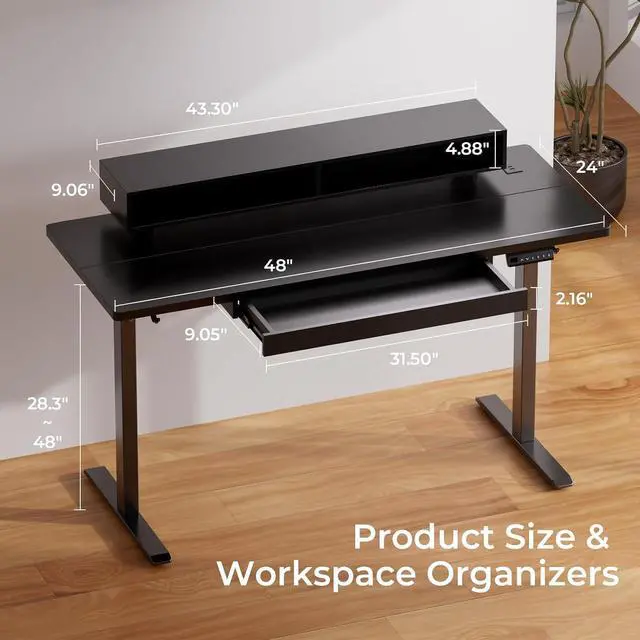 Alt view image 2 of 6 - GTPLAYER Electric Standing Desk with Drawers, 48 x 24 Inch Height Adjustable Gaming Desk with Monitor Stand, Power Outlets & LED Lights, Home Office Sit Stand Up Desk with Memory Preset Controller