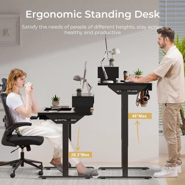 Alt view image 3 of 6 - GTPLAYER Electric Standing Desk with Drawers, 48 x 24 Inch Height Adjustable Gaming Desk with Monitor Stand, Power Outlets & LED Lights, Home Office Sit Stand Up Desk with Memory Preset Controller