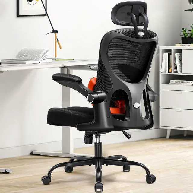 Alt view image 3 of 6 - GTRACING Office Chair Ergonomic Desk Chair with 3D Adaptive Lumbar Support & Headrest, High Back Home Mesh Chair with Flip-Up Arms, Swivel Rolling Computer Seating for Long Desk Work (Black)