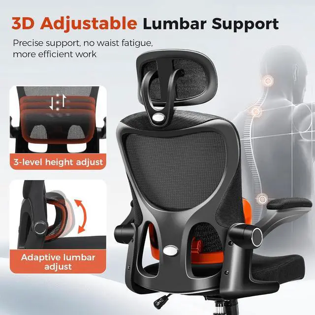 Alt view image 4 of 6 - GTRACING Office Chair Ergonomic Desk Chair with 3D Adaptive Lumbar Support & Headrest, High Back Home Mesh Chair with Flip-Up Arms, Swivel Rolling Computer Seating for Long Desk Work (Black)