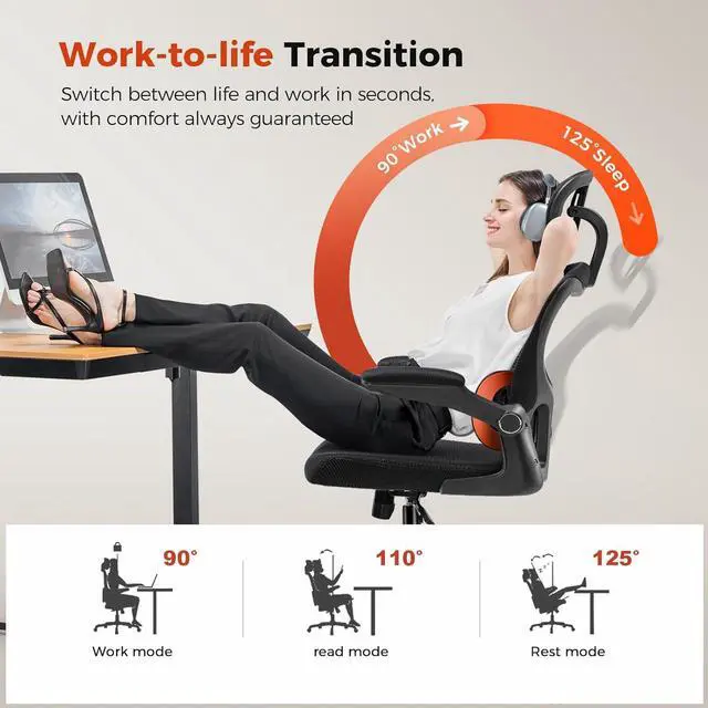 Alt view image 5 of 6 - GTRACING Office Chair Ergonomic Desk Chair with 3D Adaptive Lumbar Support & Headrest, High Back Home Mesh Chair with Flip-Up Arms, Swivel Rolling Computer Seating for Long Desk Work (Black)