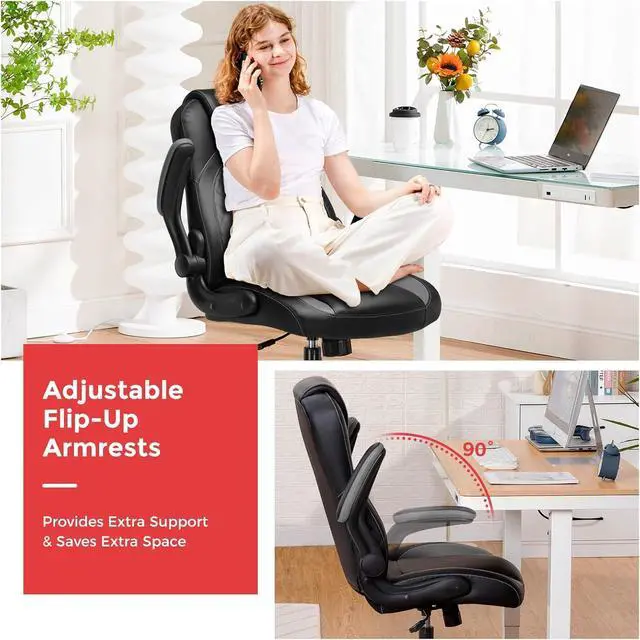 Alt view image 4 of 7 - COMHOMA Office Computer Gaming Chair Ergonomic Desk Chair for Adults with Lumbar Support Flip-Up Arms Adjustable Height Swivel Wheels PU Leather Executive Design for Short People Use, Gray