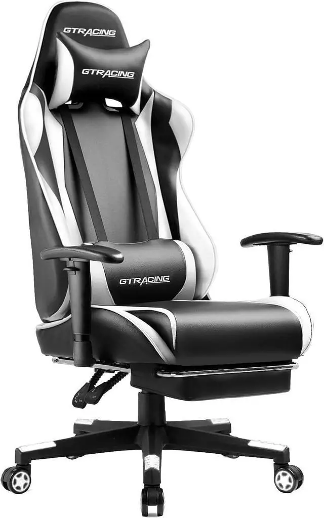 Alt view image 3 of 7 - GTRACING Gaming Chair with Footrest, Ergonomic Computer Game Desk Chair, Reclining Gamer Chair Seat Height Adjustment, Swivel Rocker with Headrest and Lumbar (White)