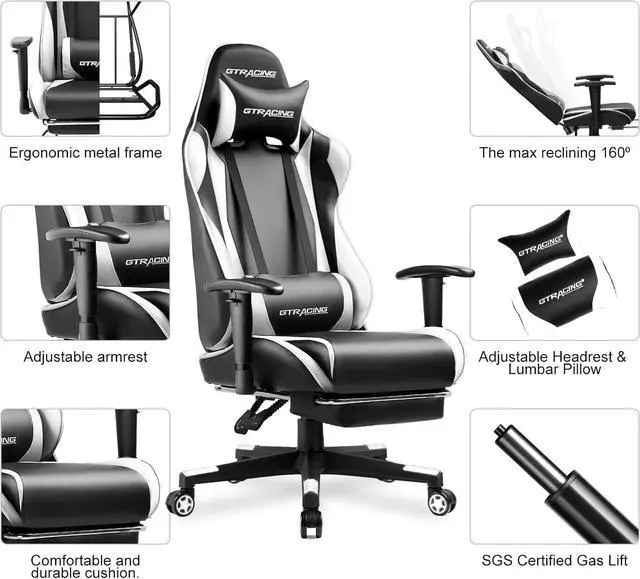 Alt view image 4 of 7 - GTRACING Gaming Chair with Footrest, Ergonomic Computer Game Desk Chair, Reclining Gamer Chair Seat Height Adjustment, Swivel Rocker with Headrest and Lumbar (White)