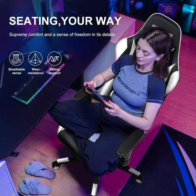 Alt view image 6 of 7 - GTRACING Gaming Chair with Footrest, Ergonomic Computer Game Desk Chair, Reclining Gamer Chair Seat Height Adjustment, Swivel Rocker with Headrest and Lumbar (White)