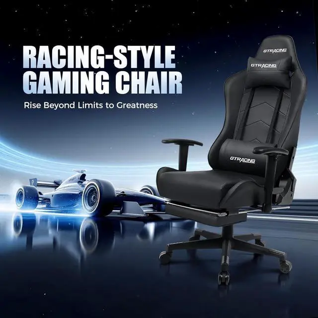 Alt view image 2 of 7 - GTRACING Gaming Chair with Footrest, Racing Style Computer Chair for Adult, Adjustable Reclining Backrest and Lumbar Support, Stylish High Back Chair for Gaming and Office (Black)