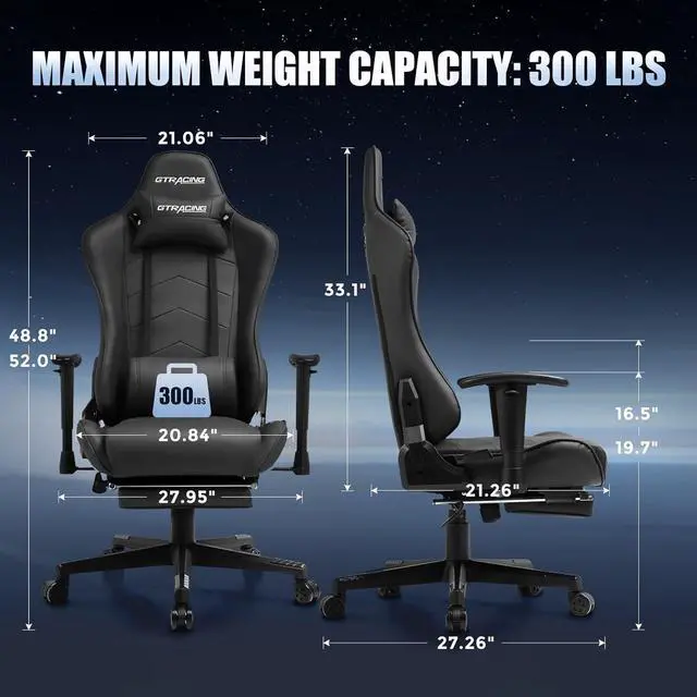 Alt view image 3 of 7 - GTRACING Gaming Chair with Footrest, Racing Style Computer Chair for Adult, Adjustable Reclining Backrest and Lumbar Support, Stylish High Back Chair for Gaming and Office (Black)