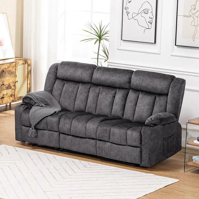 Alt view image 2 of 7 - COMHOMA Manual Recliner Chair Set,Fabric Reclining Sofa Chair with Cup Holders, Upholstered Recliner with Side Pockets Suitable for Living Room Furniture (3