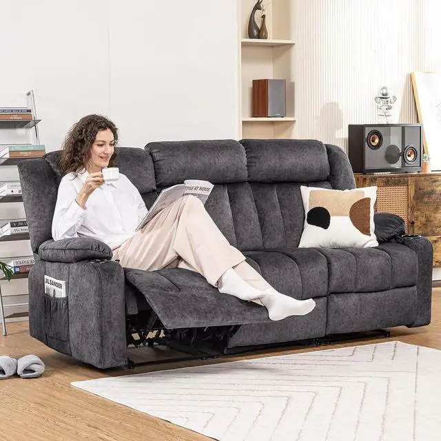 Alt view image 4 of 7 - COMHOMA Manual Recliner Chair Set,Fabric Reclining Sofa Chair with Cup Holders, Upholstered Recliner with Side Pockets Suitable for Living Room Furniture (3