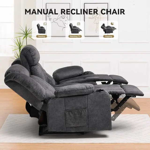 Alt view image 6 of 7 - COMHOMA Manual Recliner Chair Set,Fabric Reclining Sofa Chair with Cup Holders, Upholstered Recliner with Side Pockets Suitable for Living Room Furniture (3