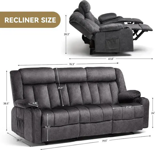 Alt view image 7 of 7 - COMHOMA Manual Recliner Chair Set,Fabric Reclining Sofa Chair with Cup Holders, Upholstered Recliner with Side Pockets Suitable for Living Room Furniture (3