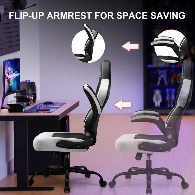 Alt view image 2 of 7 - GTPLAYER Video Gaming Chair,Ergonomic Gaming Chair with Flip-Up Armrests,Comfortable Desk Chair with Adjustable Height,Computer Chair with Built-in Lumbar Support, Recliner with 360° Swivel (White)