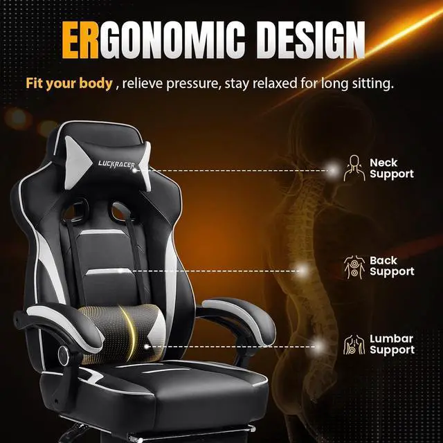 Alt view image 3 of 7 - Gaming Chair, Ergonomic Office Computer Chair with Footrest, 350Lb Heavy Duty for Adults, High Back Lumbar Support, Swivel Seat, Recliner(White)