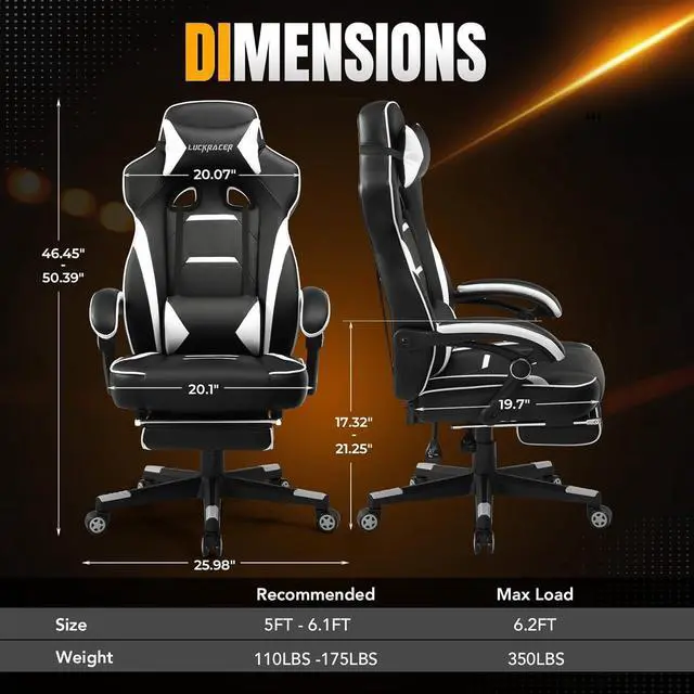 Alt view image 4 of 7 - Gaming Chair, Ergonomic Office Computer Chair with Footrest, 350Lb Heavy Duty for Adults, High Back Lumbar Support, Swivel Seat, Recliner(White)