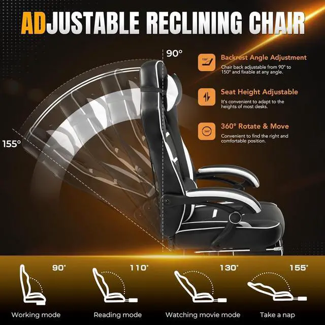 Alt view image 5 of 7 - Gaming Chair, Ergonomic Office Computer Chair with Footrest, 350Lb Heavy Duty for Adults, High Back Lumbar Support, Swivel Seat, Recliner(White)