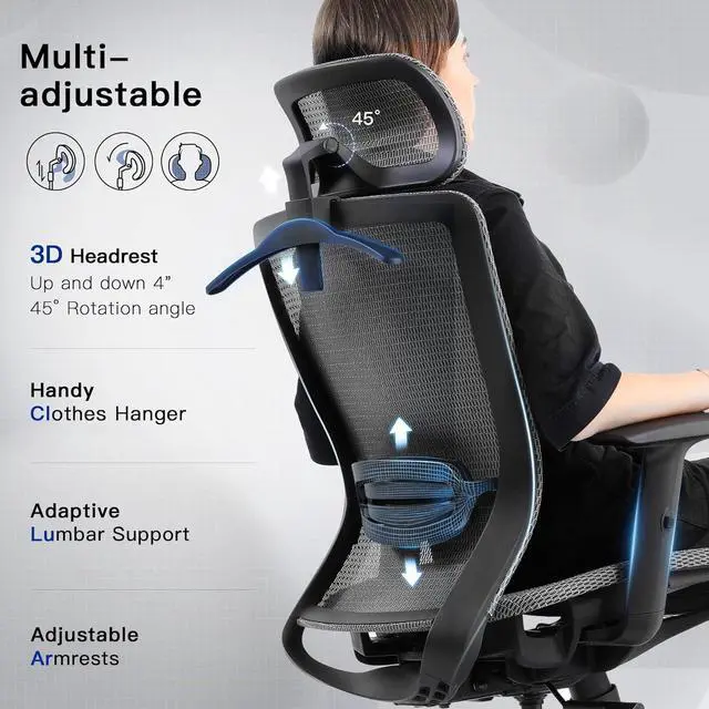 Alt view image 3 of 7 - COMHOMA Ergonomic Office Chair, Executive Mesh Computer Desk Chair High Back Adjustable Armrest and 3D Lumbar Support, Heavy Duty Office Chair with 3D Headrest & Reclines, ErgoPlus-E53, Gray