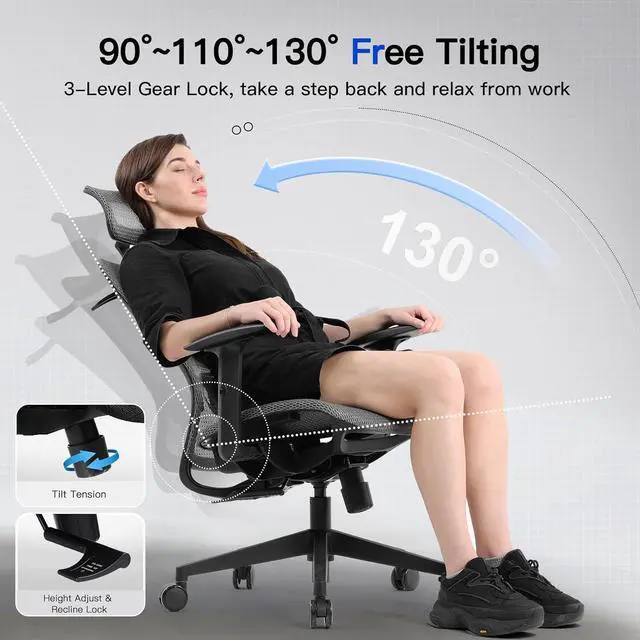 Alt view image 7 of 7 - COMHOMA Ergonomic Office Chair, Executive Mesh Computer Desk Chair High Back Adjustable Armrest and 3D Lumbar Support, Heavy Duty Office Chair with 3D Headrest & Reclines, ErgoPlus-E53, Gray