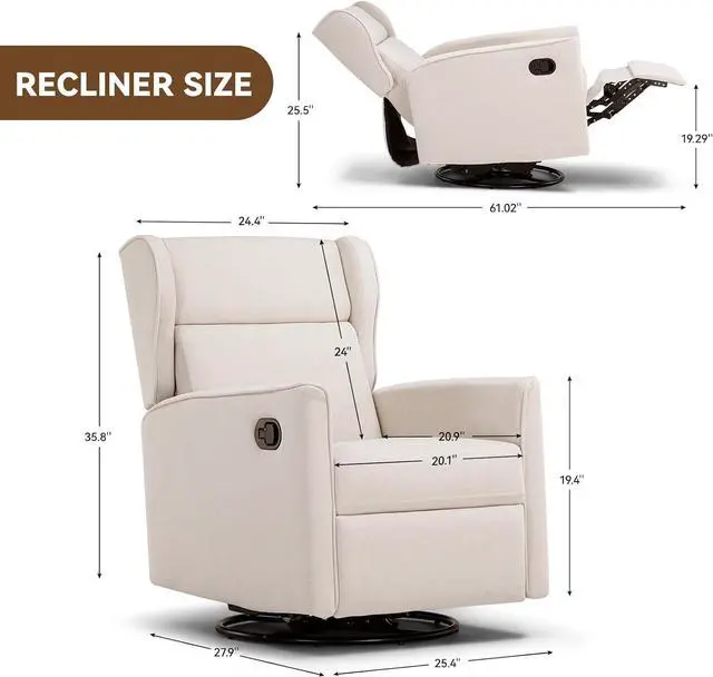 Alt view image 2 of 6 - COMHOMA Rocking Recliner Chair,Swivel Glider Reclining Single Sofa Manual Rocker Recliners,Nursery Rocking Chairs with Upholstered Seating for Living Room Office(Beige)
