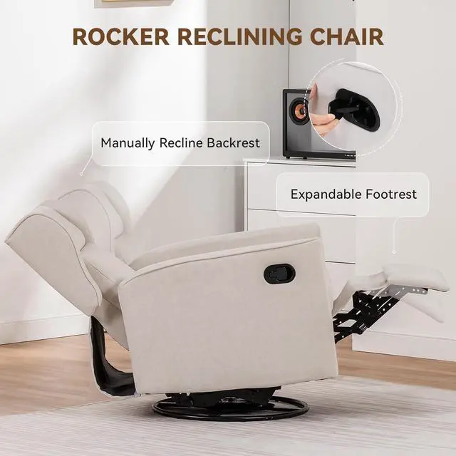 Alt view image 4 of 6 - COMHOMA Rocking Recliner Chair,Swivel Glider Reclining Single Sofa Manual Rocker Recliners,Nursery Rocking Chairs with Upholstered Seating for Living Room Office(Beige)