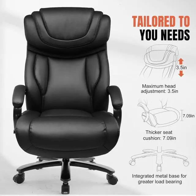Alt view image 3 of 6 - COMHOMA Big and Tall Office Chair 650lbs Ergonomic Computer Chair 6 Gear Adjustable Headrest Swivel Rocking Home Office Desk Chairs Leather High Back Executive Office Chairs with Thickened Armrests