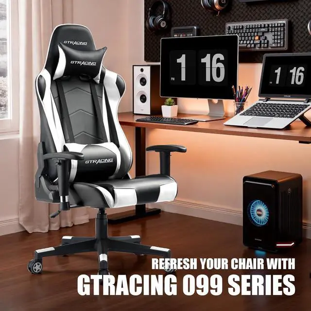 Alt view image 4 of 7 - GTRACING Gaming Chair Racing Office Computer Ergonomic Video Game Chair Backrest and Seat Height Adjustable Swivel Recliner with Headrest and Lumbar Pillow Esports Chair (White)