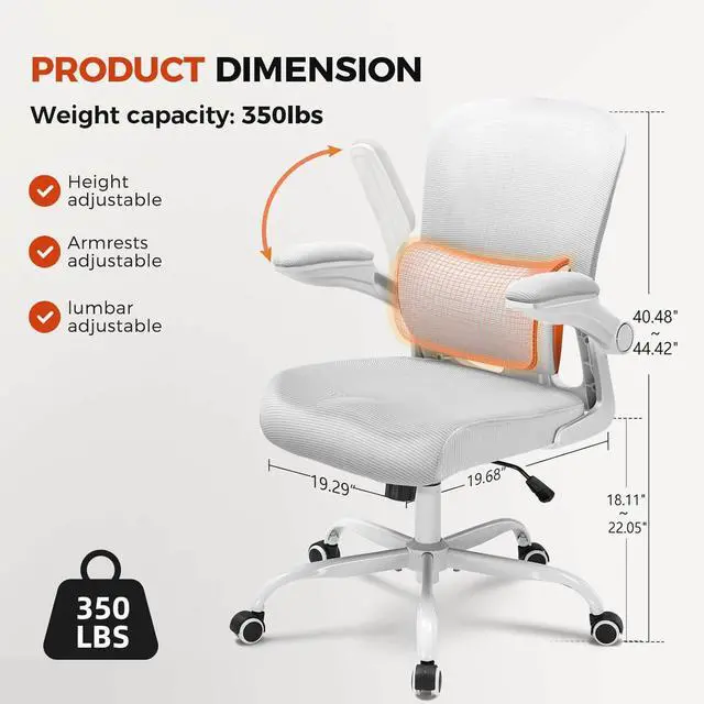 Alt view image 2 of 7 - COMHOMA Ergonomic Office Chair with Adjustable Lumbar Support, High Back Mesh Computer Desk Chair with Flip-up Armrests, 3D Saddle Cushion, Back Pain Relief (Gray)