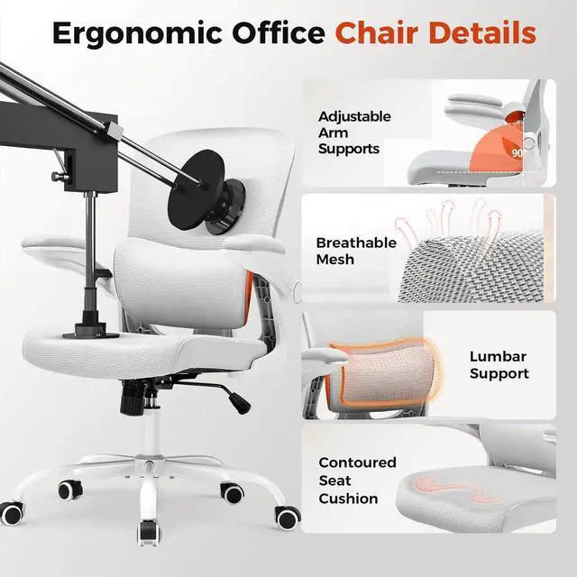 Alt view image 4 of 7 - COMHOMA Ergonomic Office Chair with Adjustable Lumbar Support, High Back Mesh Computer Desk Chair with Flip-up Armrests, 3D Saddle Cushion, Back Pain Relief (Gray)