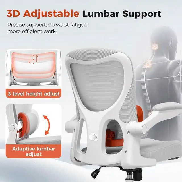 Alt view image 6 of 7 - COMHOMA Ergonomic Office Chair with Adjustable Lumbar Support, High Back Mesh Computer Desk Chair with Flip-up Armrests, 3D Saddle Cushion, Back Pain Relief (Gray)