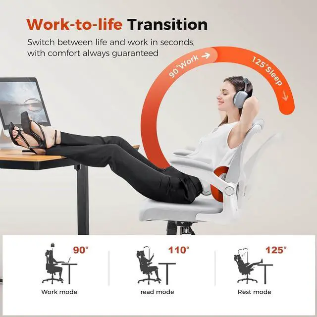 Alt view image 7 of 7 - COMHOMA Ergonomic Office Chair with Adjustable Lumbar Support, High Back Mesh Computer Desk Chair with Flip-up Armrests, 3D Saddle Cushion, Back Pain Relief (Gray)