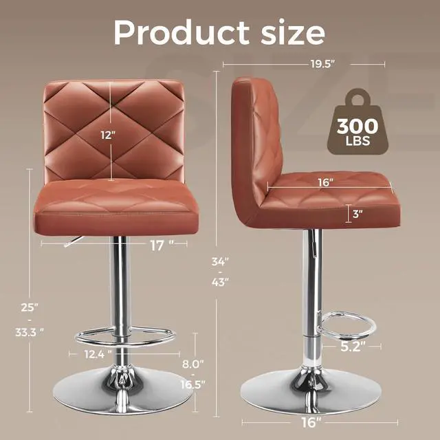 Alt view image 2 of 7 - GTRACING Bar Stools Set of 2, Adjustable Swivel Barstools Modern PU Leather Island Chairs with Back and Footrest, 25-33 inch Counter Height Bar Stools for Kitchen and Dining, Brown