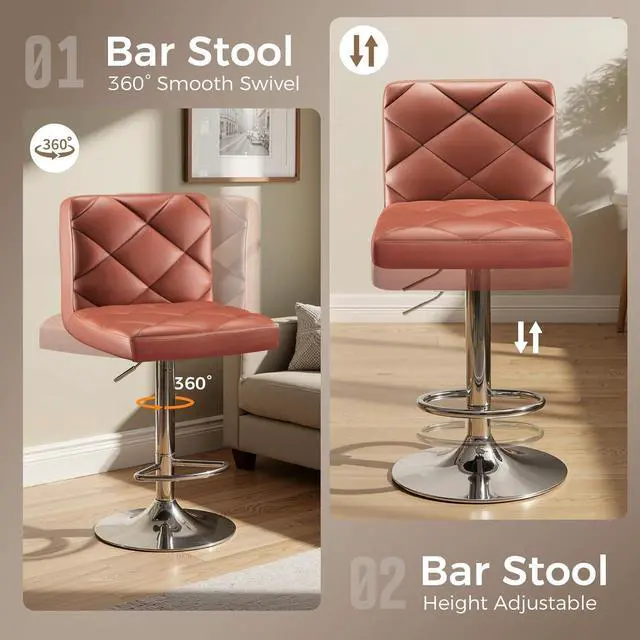 Alt view image 5 of 7 - GTRACING Bar Stools Set of 2, Adjustable Swivel Barstools Modern PU Leather Island Chairs with Back and Footrest, 25-33 inch Counter Height Bar Stools for Kitchen and Dining, Brown