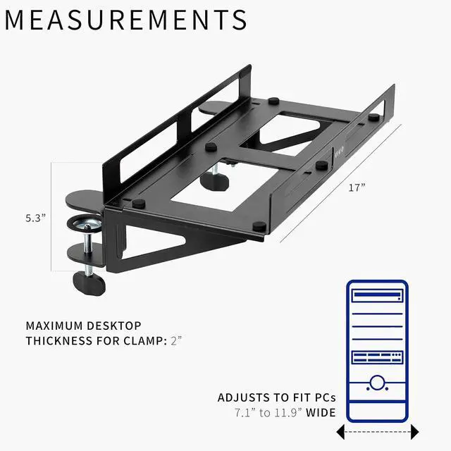 Alt view image 2 of 7 - Clamp-on Desk Extender PC Desk Mount Holder with Wall Mount Option, Standard and Large Gaming Computer Case Stand, Adjustable with Secure Locking, Black, MOUNT-PC07G