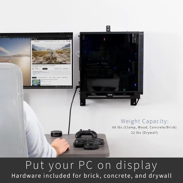 Alt view image 5 of 7 - Clamp-on Desk Extender PC Desk Mount Holder with Wall Mount Option, Standard and Large Gaming Computer Case Stand, Adjustable with Secure Locking, Black, MOUNT-PC07G