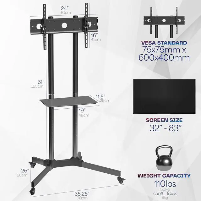 Alt view image 2 of 7 - Mobile TV Cart for 32 to 83 inch Screens up to 110 lbs, LCD LED OLED 4K Smart Flat and Curved Panels, Rolling Stand with Laptop DVD Shelf, Locking Wheels, Max VESA 600x400, Black, STAND-TV03E
