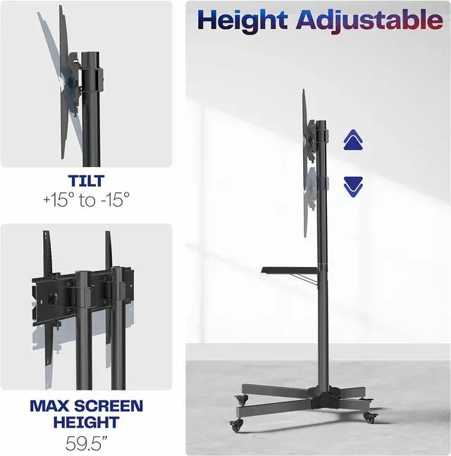 Alt view image 4 of 7 - Mobile TV Cart for 32 to 83 inch Screens up to 110 lbs, LCD LED OLED 4K Smart Flat and Curved Panels, Rolling Stand with Laptop DVD Shelf, Locking Wheels, Max VESA 600x400, Black, STAND-TV03E