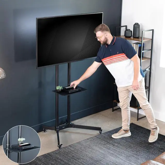Alt view image 5 of 7 - Mobile TV Cart for 32 to 83 inch Screens up to 110 lbs, LCD LED OLED 4K Smart Flat and Curved Panels, Rolling Stand with Laptop DVD Shelf, Locking Wheels, Max VESA 600x400, Black, STAND-TV03E