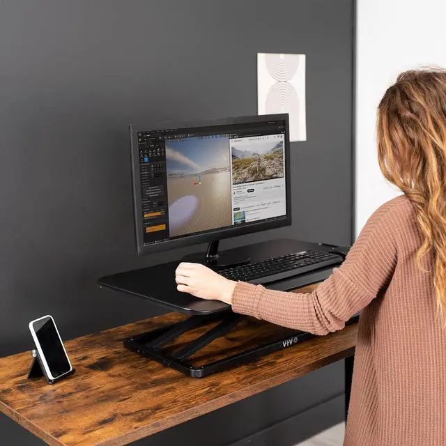 Alt view image 7 of 7 - Economy Single Top Height Adjustable 29 inch Standing Desk Converter, Sit Stand Tabletop Monitor and Laptop Riser Platform Workstation, DESK-V000U