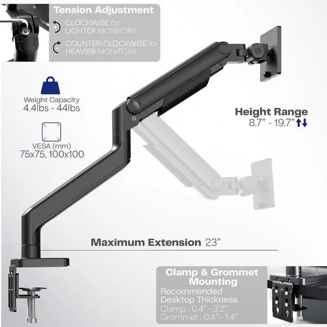 Alt view image 5 of 7 - Heavy Duty Aluminum Ultrawide Monitor Tension Arm for up to 49 inch Screens, Holds 44 lbs, Premium Desk Mount Stand Designed for Samsung Odyssey G9 and More, Black, STAND-V101V
