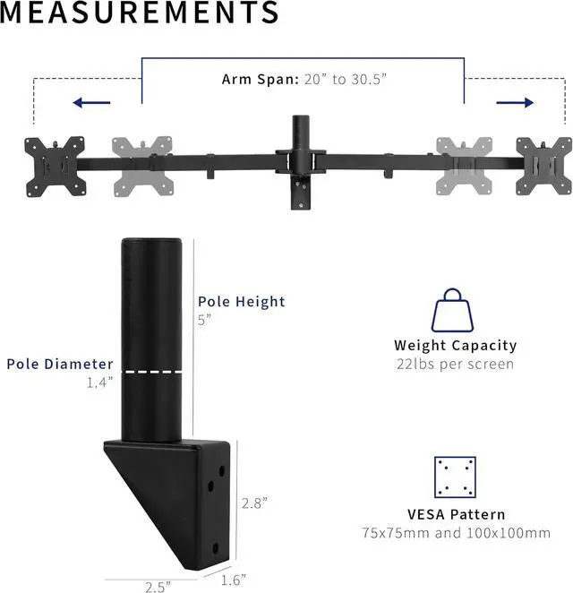 Alt view image 3 of 7 - Premium Dual 21 to 32 inch LCD LED Monitor Wall Mount, Heavy Duty Telescoping Arms, Flush Wall Setup, Fits 2 Screens, Black, MOUNT-TS32B