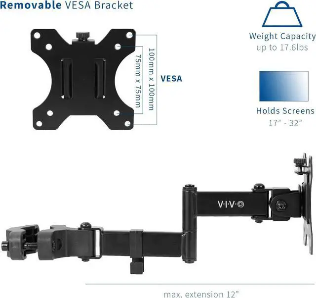 Alt view image 2 of 7 - Steel Universal Full Motion Pole Mount Monitor Arm with Removable 75mm and 100mm VESA Plate, Fits 17 to 32 inch Screens, Black, MOUNT-POLE01A