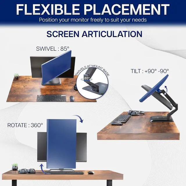 Alt view image 7 of 7 - Premium Single 17 to 32 inch VESA Monitor and Touch Screen Desk Stand with Rotating Base, Freestanding Pneumatic Height Adjustable Arm, 12 inch Maximum Screen Height, Black, STAND-V001R