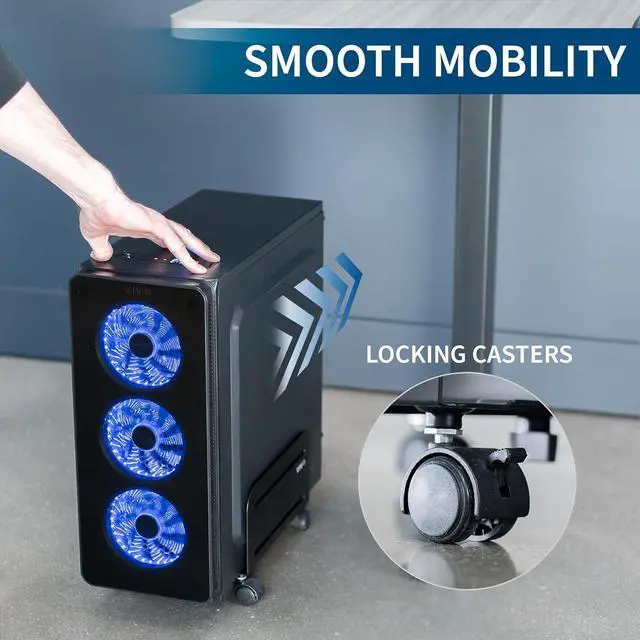 Alt view image 2 of 7 - Computer Mid-Tower Case, CPU Steel Rolling Stand, Adjustable Mobile Cart Holder with Locking Caster Wheels, Black, CART-PC01