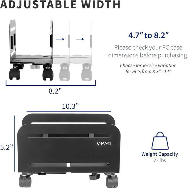 Alt view image 7 of 7 - Computer Mid-Tower Case, CPU Steel Rolling Stand, Adjustable Mobile Cart Holder with Locking Caster Wheels, Black, CART-PC01