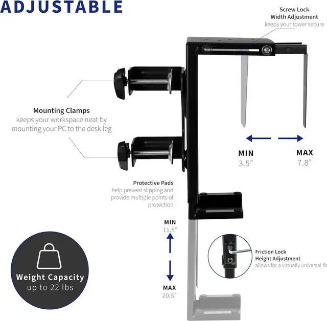 Alt view image 3 of 7 - Adjustable Clamp-on Desk Leg PC Mount, Under Desk PC Mount, Computer Case CPU Holder with Tool-Free Installation, Black, MOUNT-PC01C