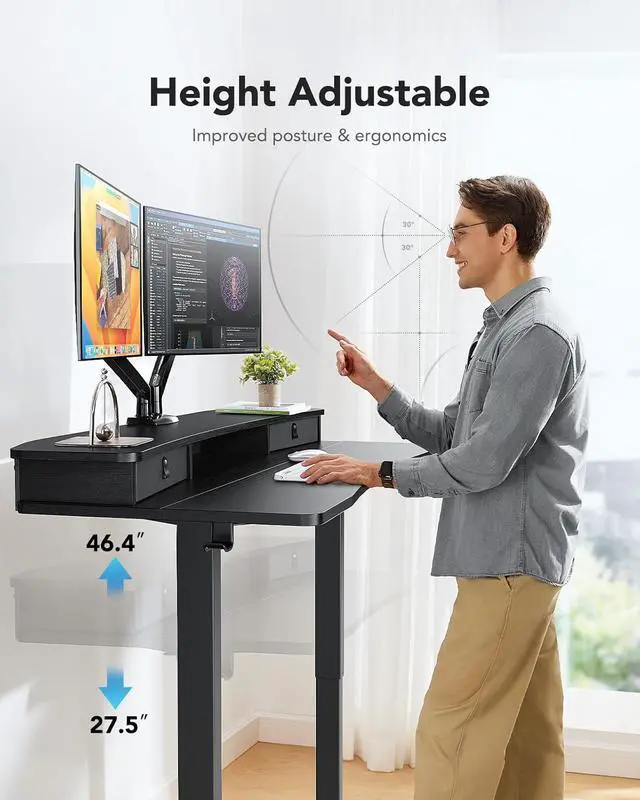 Alt view image 5 of 6 - 48 x 24 Electric Standing Desk with 2 Drawers, C-Clamp Mount Compatible, Height Adjustable Computer Desk, Home Office Stand Up Desk with 4 Preset Heights & 2 Hooks, Black
