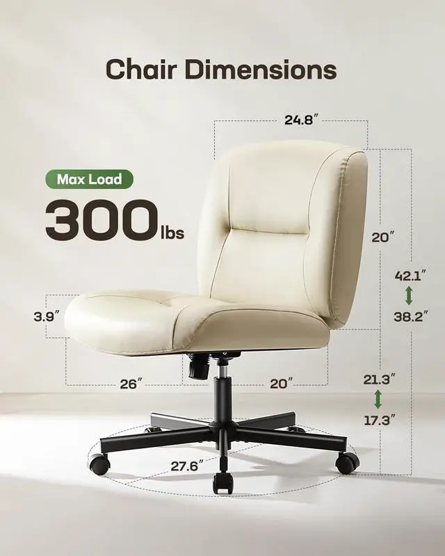 Alt view image 3 of 7 - Marsail Criss Cross Chair with Wheels, Wide Mid-Back Comfy Armless Office Chair, Scratch-Resistant PVC Leather Cross Legged Desk Chair, Height Adjustable Vanity Computer Desk for Home Office
