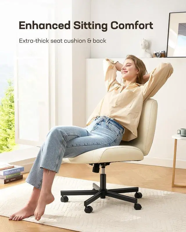 Alt view image 4 of 7 - Marsail Criss Cross Chair with Wheels, Wide Mid-Back Comfy Armless Office Chair, Scratch-Resistant PVC Leather Cross Legged Desk Chair, Height Adjustable Vanity Computer Desk for Home Office